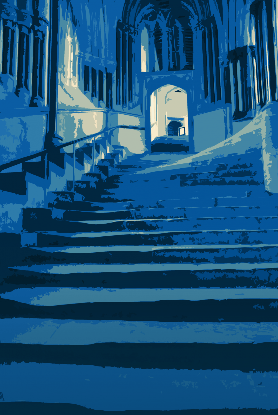 Ein Treppenaufgang in einer alten englischen Kathedrale in abstrakter Darstellung in Blau und Cremefarben.